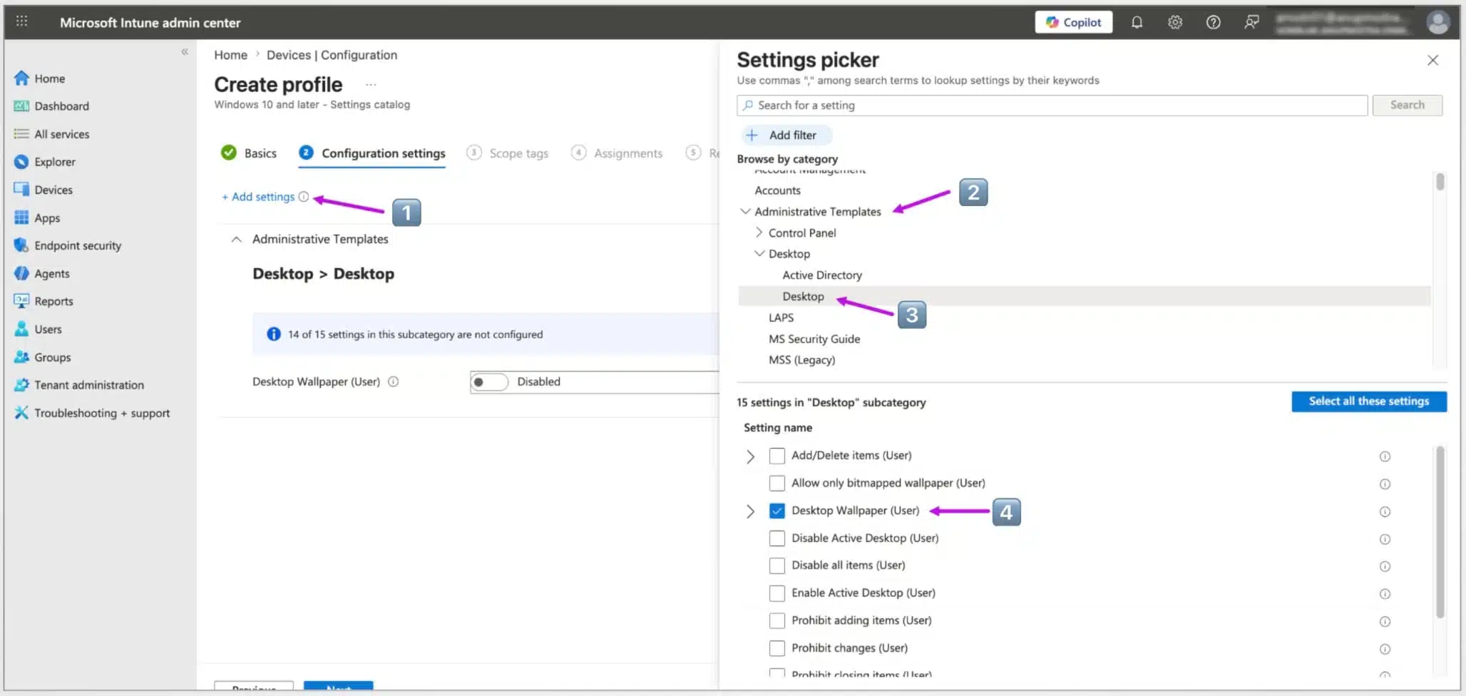 Microsoft Intune Settings picker showing Desktop Wallpaper User selected under Administrative Templates Desktop settings