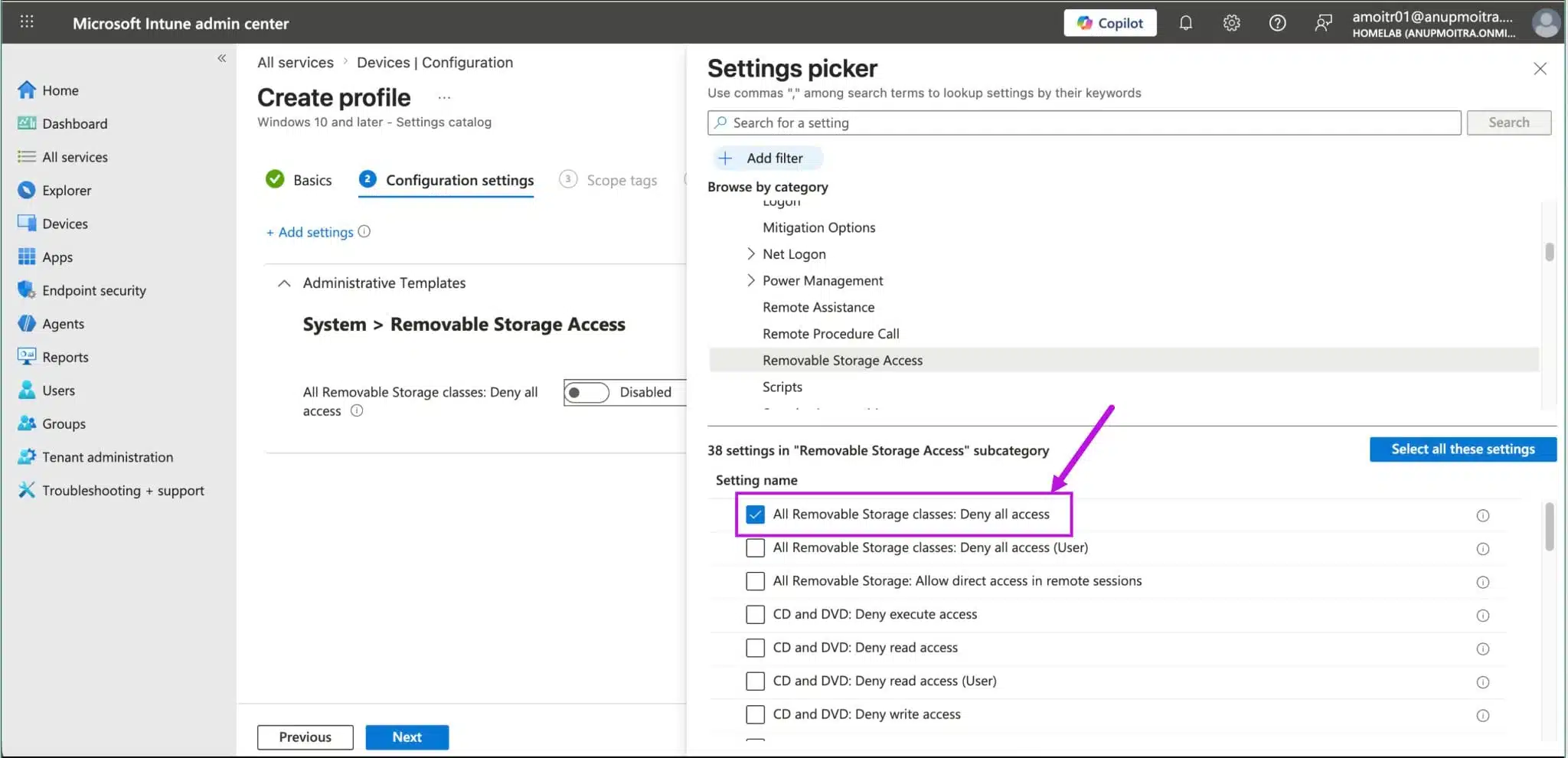 Settings picker with Administrative Templates, System, Removable Storage Access selected