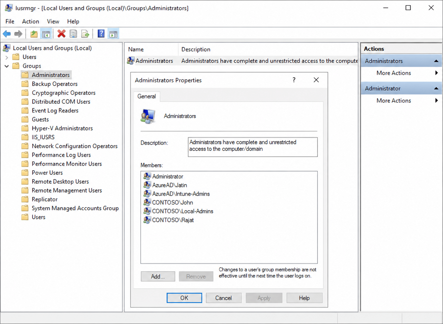 Windows Local Users and Groups console showing the Administrators group