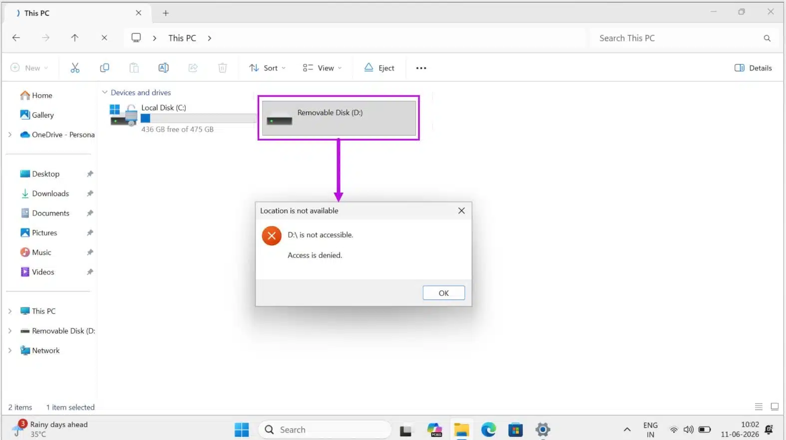 File Explorer showing an access denied error when opening a USB drive